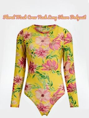 Floral Mesh Crew Neck Long Sleeve Bodysuit